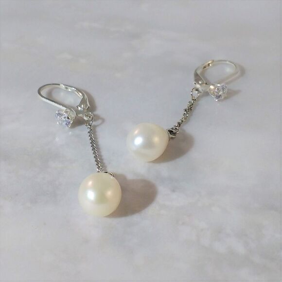Freshwater Pearl Earrings with Simulated Diamond CZ Dangle Earrings - Picture 3 of 5